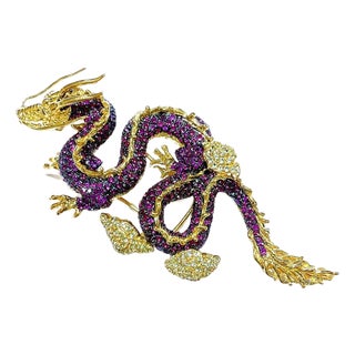 Bochic Dragon "Orient" Ruby & White Zircon Brooch In 18K Gold & Silver For Sale