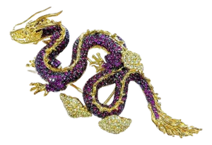 Bochic Dragon "Orient" Ruby & White Zircon Brooch In 18K Gold & Silver
