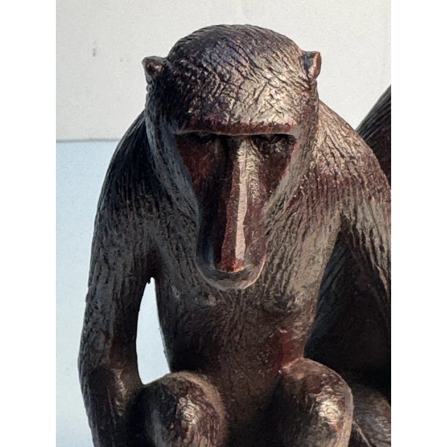 Folk Art Vintage African Folk Art 2 Hand Carved Wooden Monkeys Figurine For Sale - Image 3 of 10