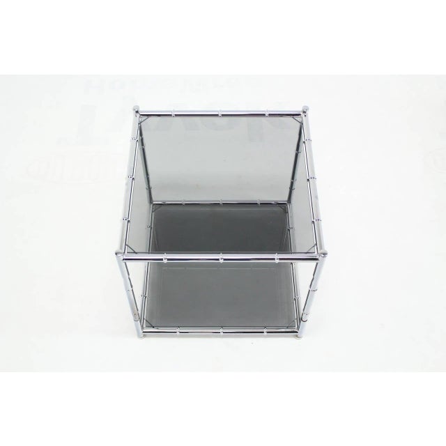 Metal Cube Shape Chrome Faux Bamboo Frame End Tables Smoked Glass Top - A Pair For Sale - Image 7 of 9