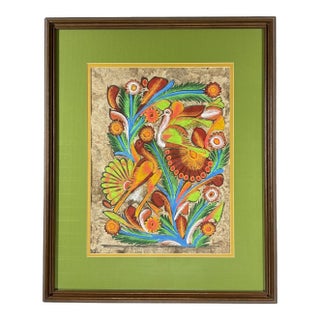 Vintage Mexican Folk Art Amate Bark Painting – "Birds of Paradise" For Sale