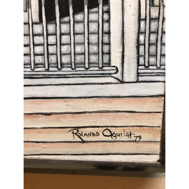 Modern Rolando Aguilar, Guatemalan Latin American Oil Painting Modernist Porch Scene 1979 For Sale - Image 3 of 5