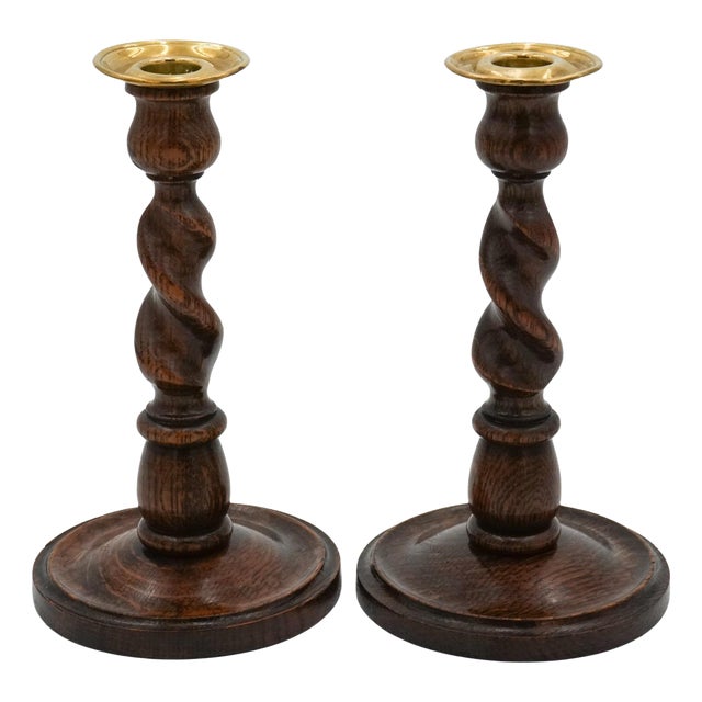 Early Victorian English Oak Barley Twist Candleholders, Set of 2 For Sale