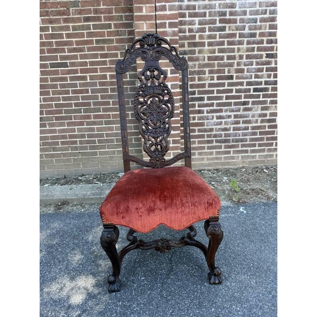 Gothic Pair of Antique Anglo-Dutch 19th Century Walnut Carved High Back Hall Chairs For Sale - Image 3 of 12