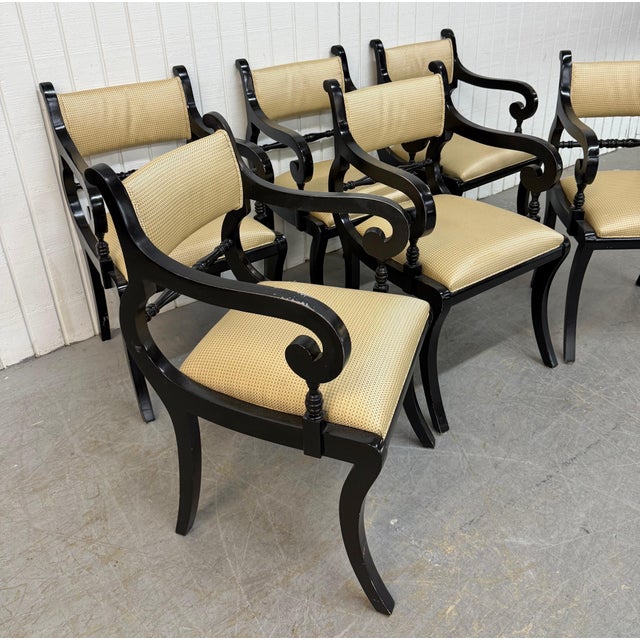 This listing is for a set of six Vintage Regency Style Black Lacquered Dining Chairs. Featuring six curved arm chairs,...