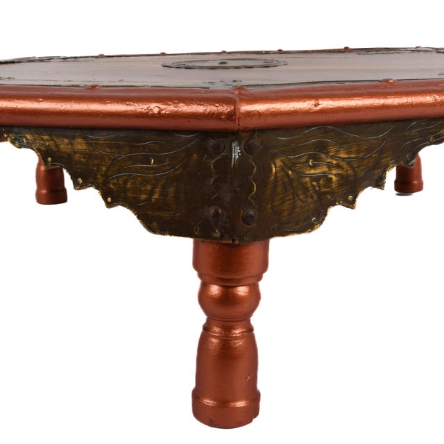 Early 20th Century Antique Wooden Indian Coffee Table With Brass Mounts and Painted Trim For Sale - Image 5 of 7