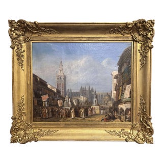 Mid-19th Century French Oil Painting of Seville Procession by Baron Prost For Sale