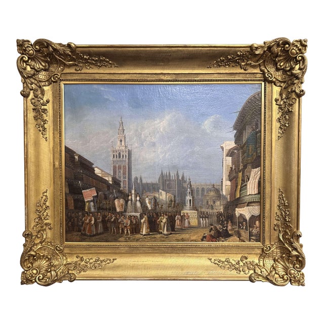 Mid-19th Century French Oil Painting of Seville Procession by Baron Prost For Sale