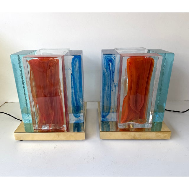 Metal Contemporary Pair of Lamps Cubic Pennellate Murano Glass and Brass, Italy For Sale - Image 7 of 13