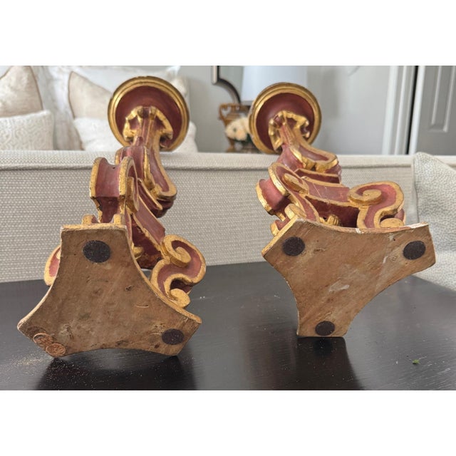 Italian Pair of Antique Italian Giltwood Candlesticks With Red Painted Finish For Sale - Image 3 of 10