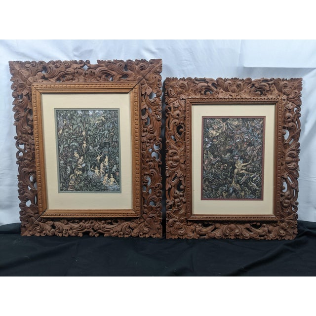 Late 20th Century Pair of Balinese Batuan-Style Narrative Paintings in Hand-Carved Wood Frames For Sale - Image 13 of 16