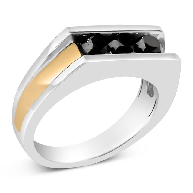 Contemporary Men's 14K Yellow Gold Plated Sterling Silver 1-1/2 Cttw Black Diamond Channel Set Band Ring - Size 10.5 For Sale - Image 3 of 6