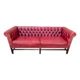 Cherry Red Leather and Mahogany Chesterfield Sofa by St. Timothy of Hickory, North Carolina For Sale