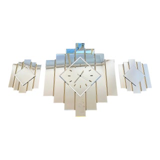 Vintage 1980s Art Deco Skyscraper Beveled Mirror Large Clock & Wall Art Set Brass For Sale