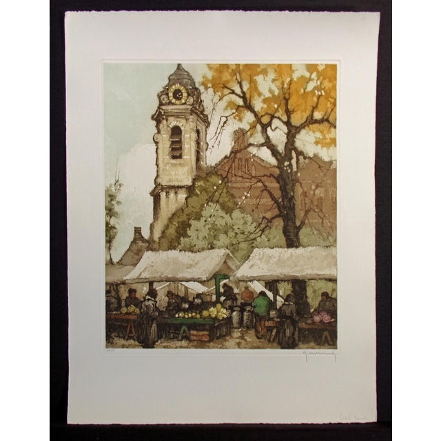 Impressionist Roger Hebbelinck Hand Signed Vintage Aquatint Etching Clock Tower Farmers Market For Sale - Image 3 of 8