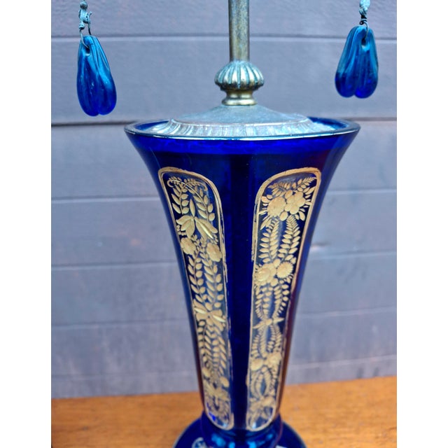 Metal Pair Continental Parcel Gilt Cobalt Glass Vases Mounted as Lamps, Circa 1880s For Sale - Image 7 of 13