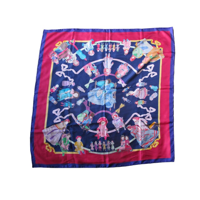 Hermes Paris Carre 90 Hello Dolly Dolls Print Blue Pink 100% Silk Scarf For Sale - Image 12 of 12