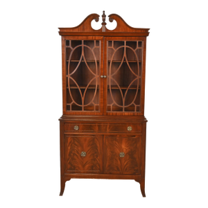 Baker Furniture Style Georgian Flame Mahogany Breakfront Bookcase Cabinet