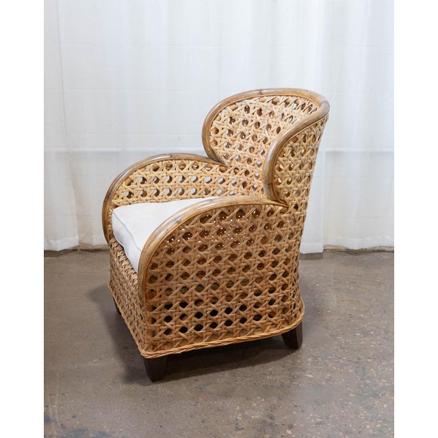Art Deco Revival French Cane & Rattan Club Chair, C. 1980s For Sale - Image 4 of 15