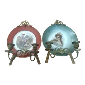 Late 18thc French Louis XVI Gilt Bronze/ Porcelain Plate Period Art Candle Wall Lamps/ Sconces a - Pair
