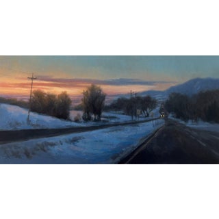 Winter Passage by Jane Hunt | Oil on Panel Landscape of a snowy road at sunset For Sale