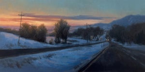 Winter Passage by Jane Hunt | Oil on Panel Landscape of a snowy road at sunset