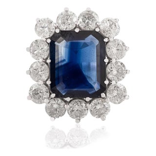 Luxury 7.11 Ct Sapphire Estate Ring With 13 Round 4.06 Ct Diamonds in 18k Gold Size 5.5 For Sale