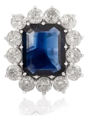 Luxury 7.11 Ct Sapphire Estate Ring With 13 Round 4.06 Ct Diamonds in 18k Gold Size 5.5