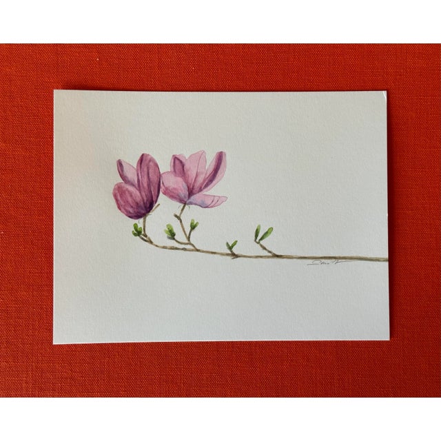 A single branch reaches out holding two magnolia blossoms. Signed and ready to frame.