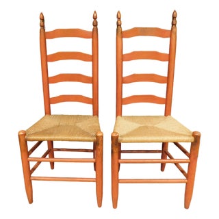 1920s Pair of Red Ladderback Chairs With Rush Seats For Sale