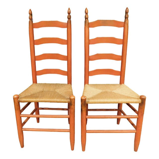 1920s Pair of Red Ladderback Chairs With Rush Seats For Sale