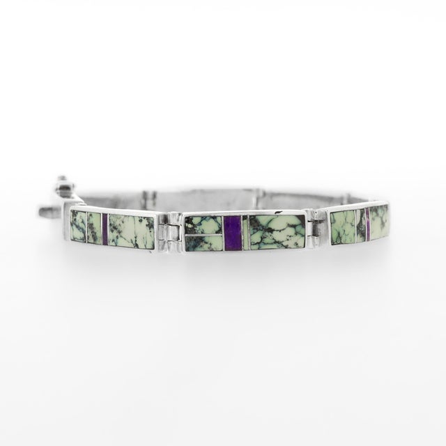 Silver Signed Supersmith Inc. Sterling Silver, Turquoise & Sugilite Inlay Link Bracelet For Sale - Image 8 of 13