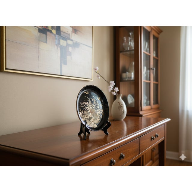 Ceramic 7.5" Oriental Black Glaze Porcelain Charger Plate Golden Flower Graphic For Sale - Image 7 of 8