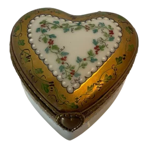 Mid 20th Century Limoges Heart Trinket Box Peint Main