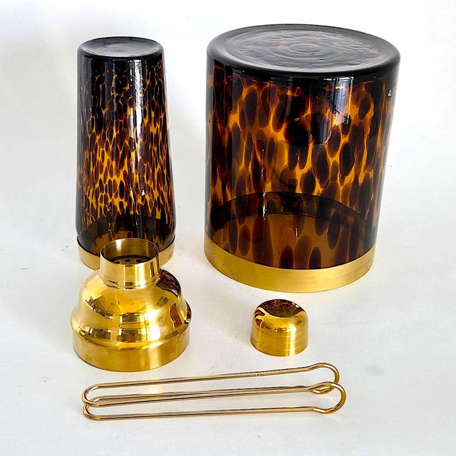Tony Duquette Faux Tortoise Shell Glass Cocktail Set With Brass Accents, 4 Piece Set For Sale - Image 4 of 8