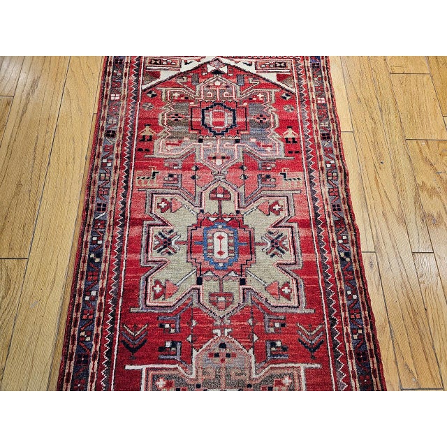 Vintage Persian Heriz Runner, Hand-Knotted Wool, Geometric Pattern, Red & Green, 3x10 For Sale - Image 16 of 18