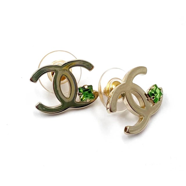 Chanel Light Gold CC Corner Green Crystal Piercing Earrings - 2 Pieces |  Chairish