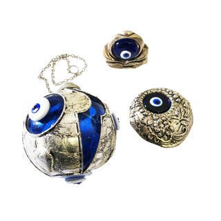 Decorative Turkish Blue Evil Eye & Silver - Set of 3 For Sale