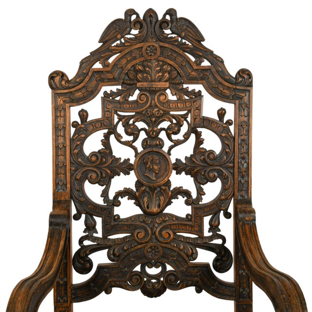 Antique Pair of Carved Walnut Jacobean Revival Throne Chairs With Red Leather Seats For Sale In Greensboro - Image 6 of 16