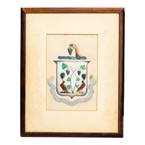 Fantastic Large Framed Antique Gouache Drawing Painting Armorial Coat of Arms Heraldry Grapes Wine Harvest Home Wall Decor
