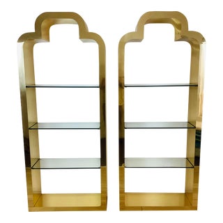 Vintage Pair of Hollywood Regency Brass Clad Etagere Shelves For Sale