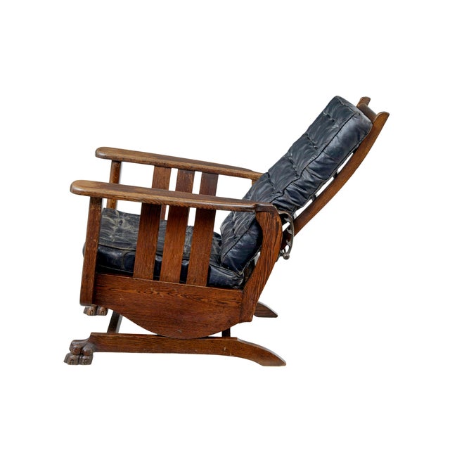 Early 20th Century Antique Oak and Leather Rocking Chair, 1910 For Sale - Image 5 of 11