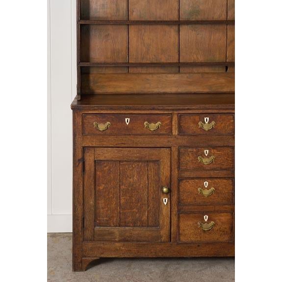 18th Century Oak Buffet + Plate Rack With Brass Hardware and Inlay Keyholes For Sale - Image 9 of 10