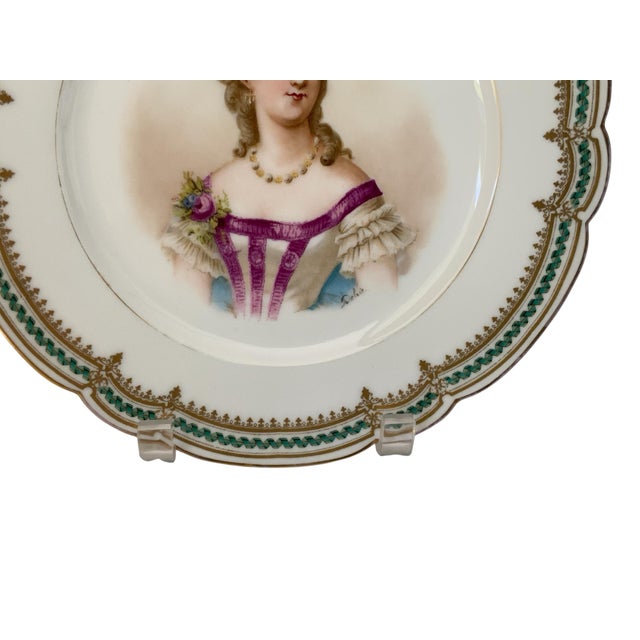 Late 19th Century 19th C Sèvres Marked Plate Madame Du Barry Signed Debrie Green-Gold Ribbon Made in France c.1890-1910 For Sale - Image 5 of 10