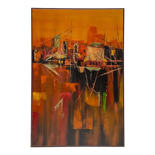 This is an incredible large scale Mid-Century Modern signed and framed abstract oil on canvas depicting a seascape. The...