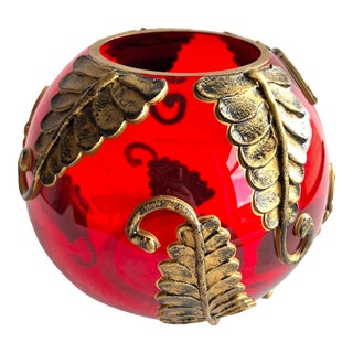 1970s Fifth Ave Crystal Ltd. Red Tealight Candle Potpourri Bowl Vase With Gold Leaves For Sale