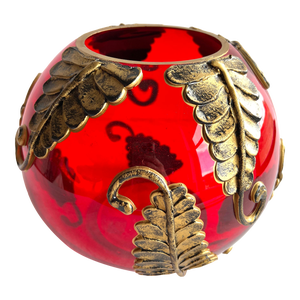 1970s Fifth Ave Crystal Ltd. Red Tealight Candle Potpourri Bowl Vase With Gold Leaves