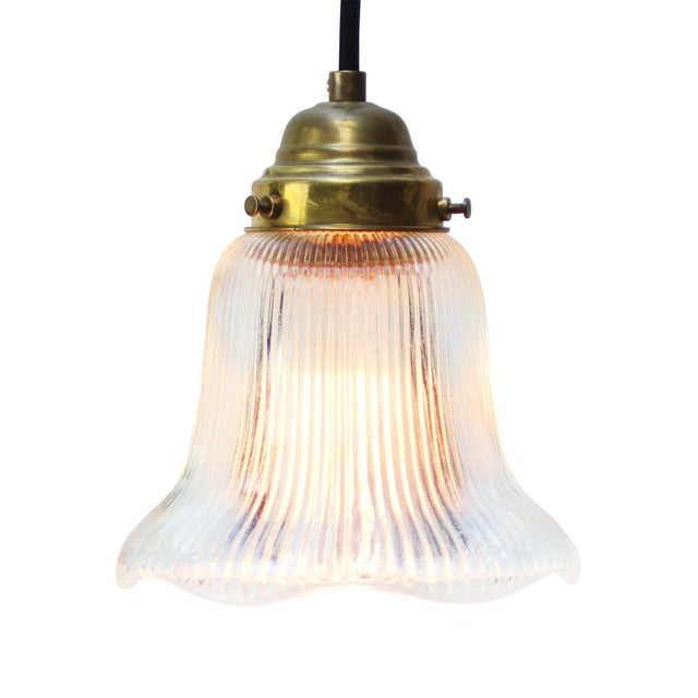 Vintage French Glass and Brass Pendant Light from Holophane For Sale - Image 6 of 7