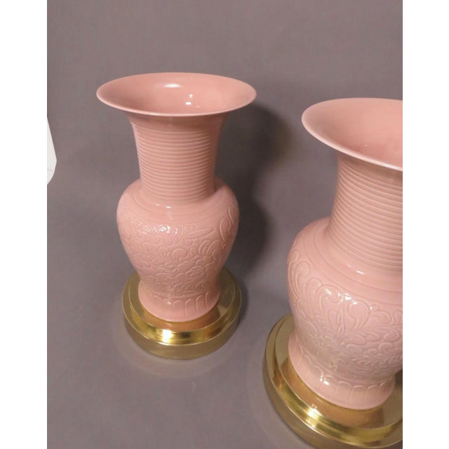 C. 1980s Hollywood Regency Style Palace Floor Vases on Brass Stands - a Pair For Sale In Boston - Image 6 of 7