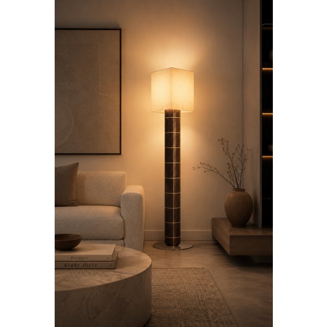 Handcrafted Ceramic Floor Lamp in Black Obsidian Gloss Glaze with Linen Lampshade by Artem Zakharchenko-Halytskyi For Sale - Image 4 of 7